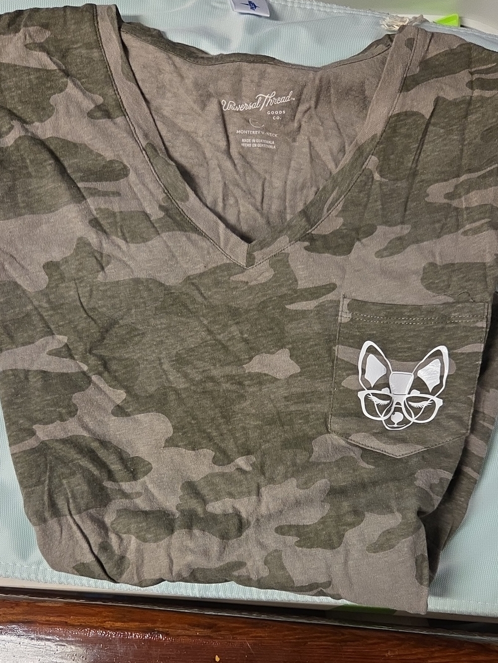 Universal Thread Olive and Taupe Camo V-Neck Tee with Fox Pocket Graphic